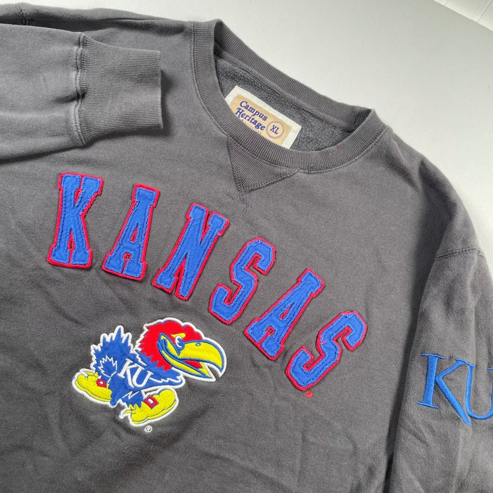 Campus Heritage Kansas Jayhawks Sweatshirt Gray Crewneck Chenille Applique XL